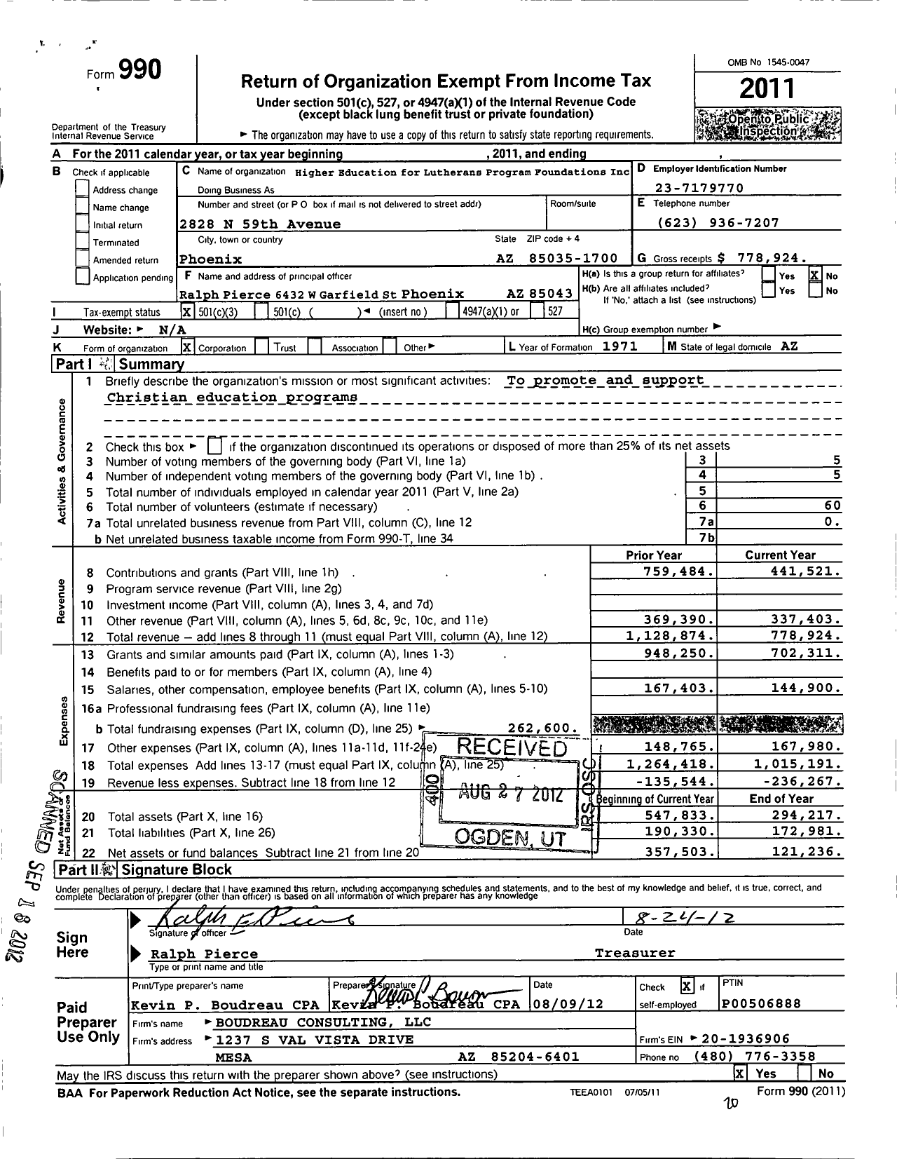 Image of first page of 2011 Form 990 for Higher Education for Lutherans Program Foundations