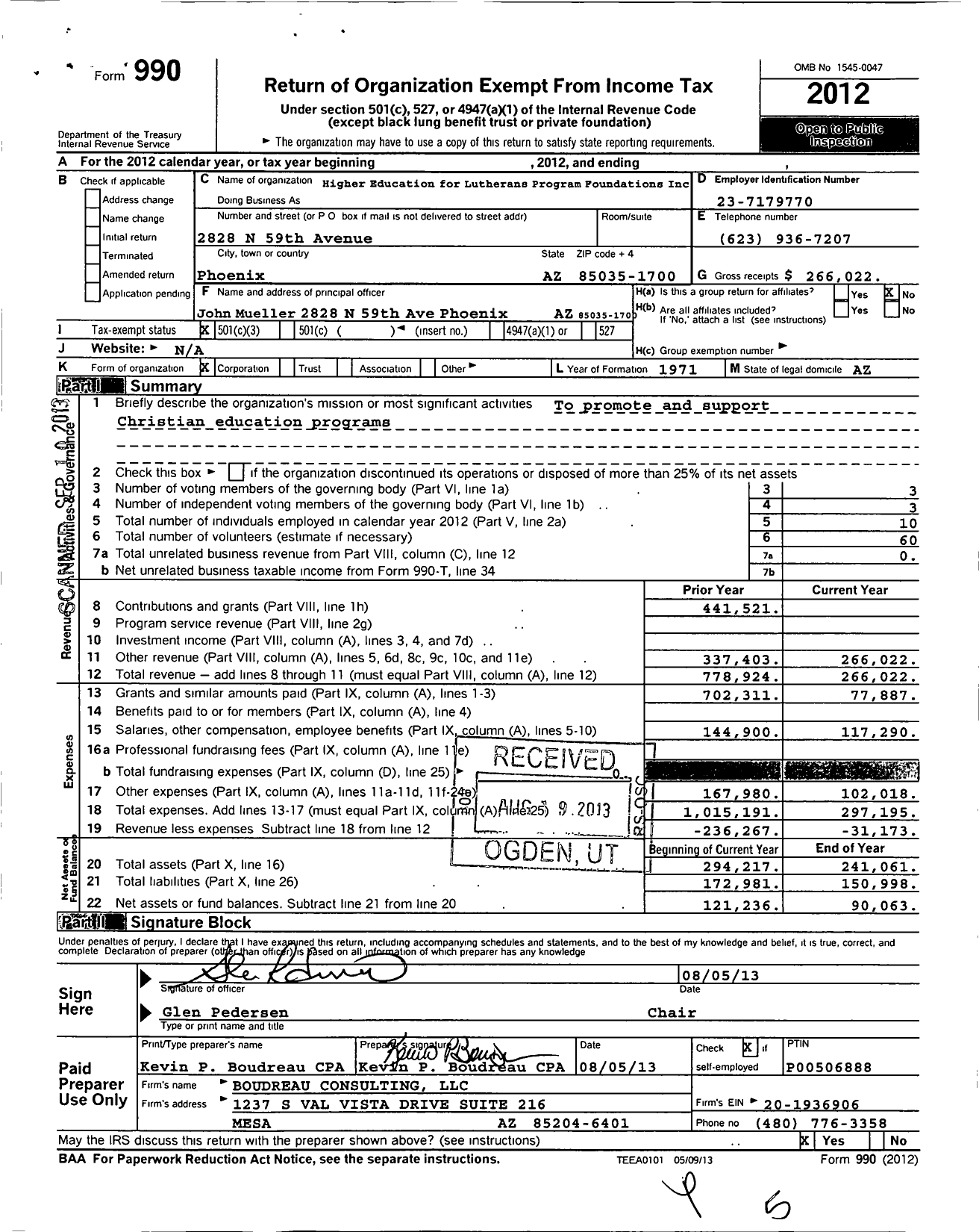 Image of first page of 2012 Form 990 for Higher Education for Lutherans Program Foundations