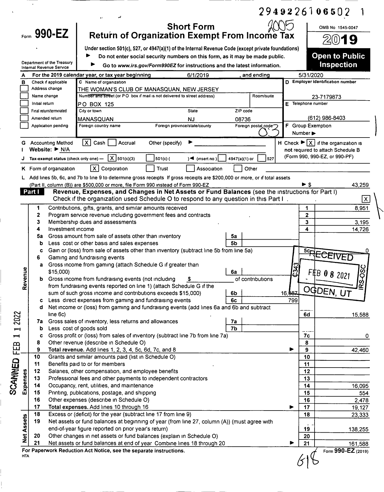 Image of first page of 2019 Form 990EZ for The Womans Club of Masasquan New Jersey