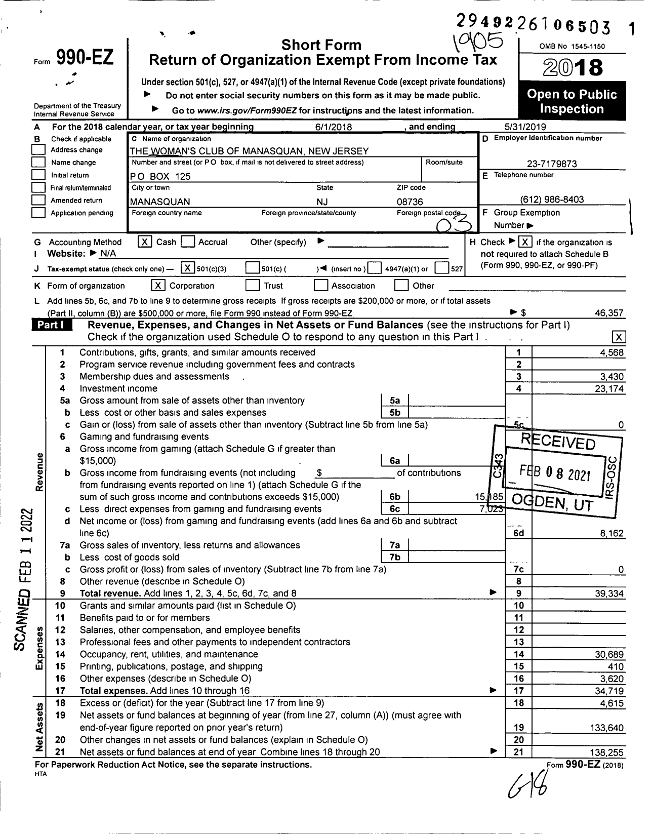 Image of first page of 2018 Form 990EZ for The Womans Club of Masasquan New Jersey