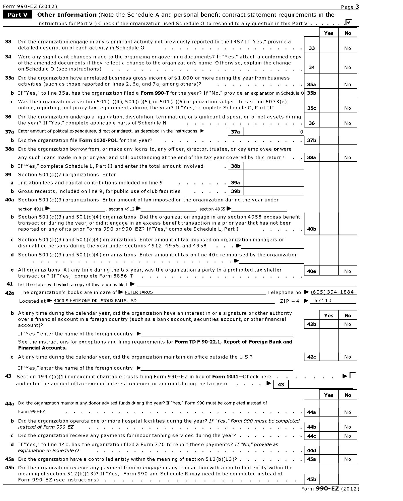 Image of first page of 2012 Form 990EO for Fraternal Order of Police - South Dakota State Lodge