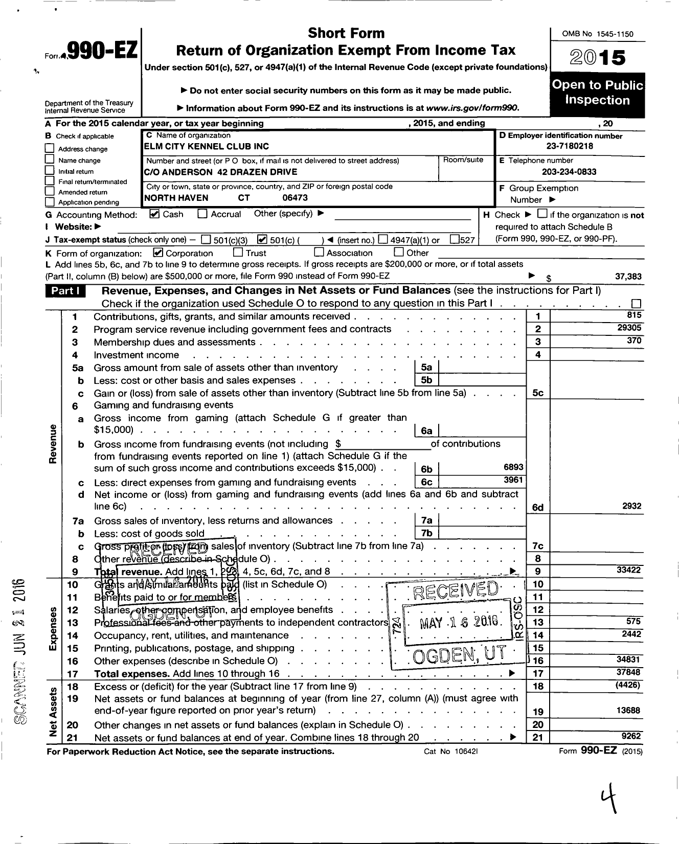 Image of first page of 2015 Form 990EO for Elm City Kennel Club