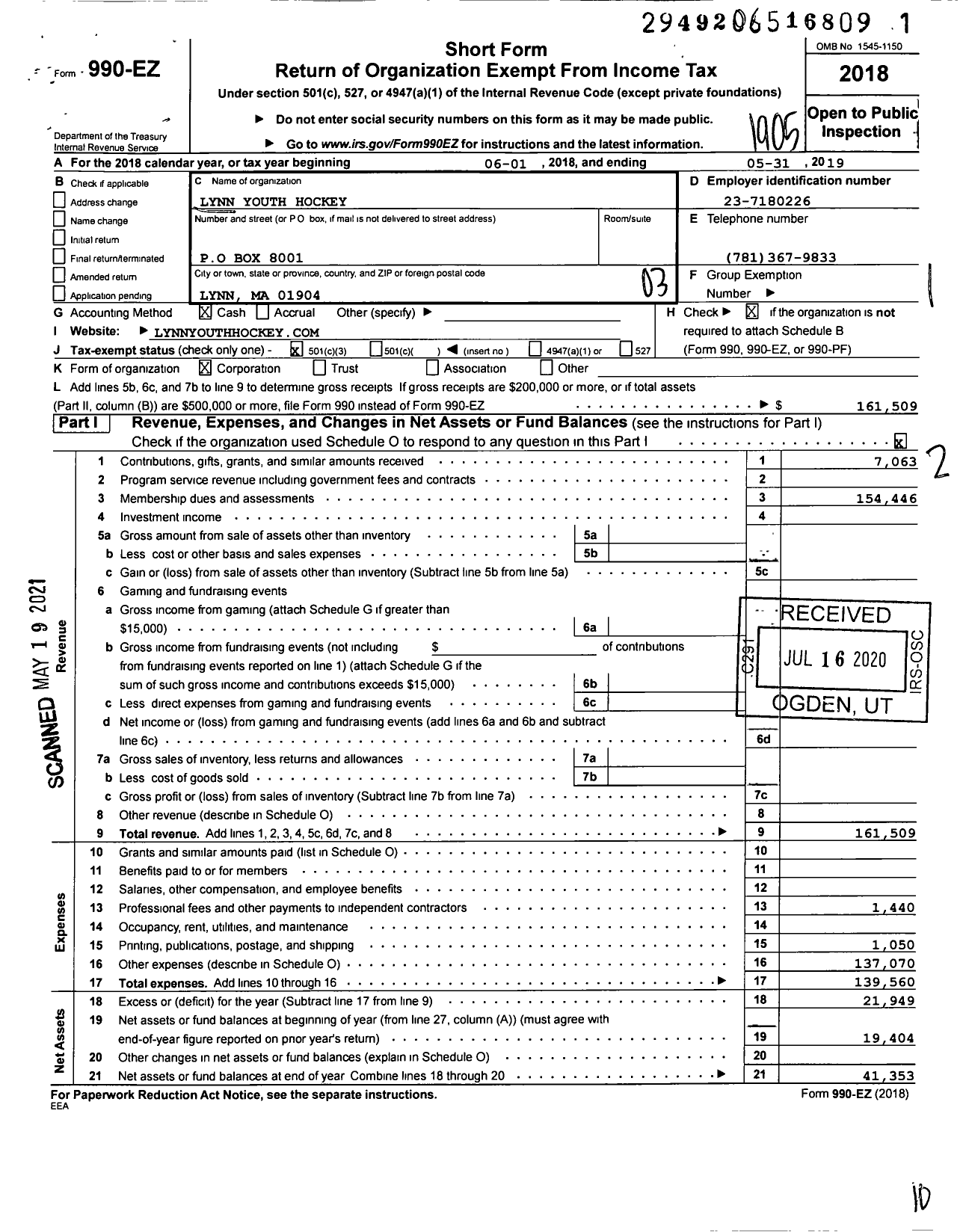 Image of first page of 2018 Form 990EZ for Lynn Youth Hockey