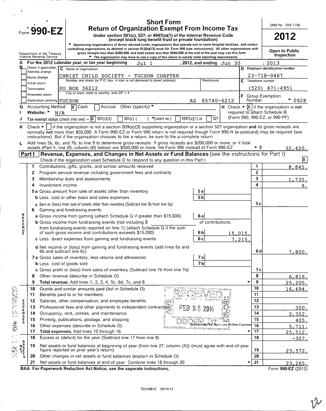 Image of first page of 2012 Form 990EZ for Christ Child Society / Tucson Chapter