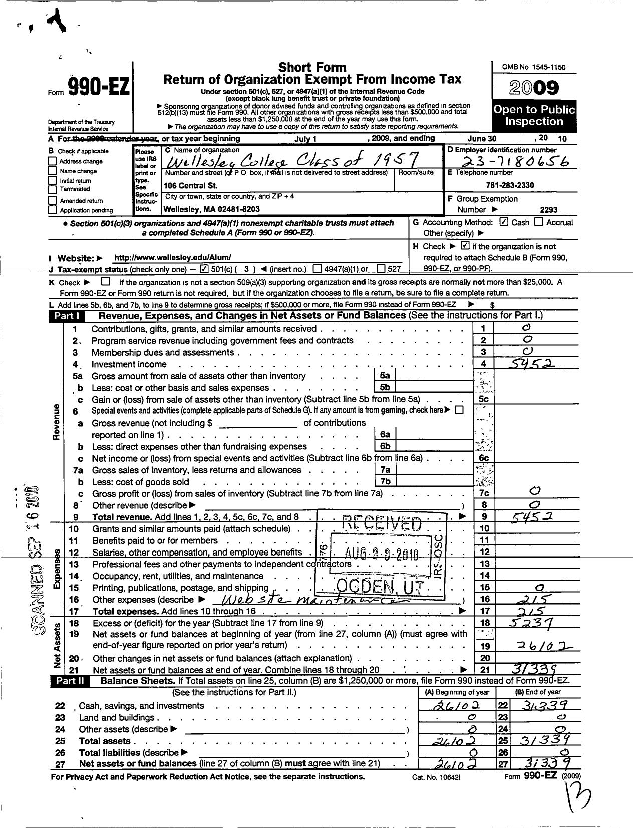 Image of first page of 2009 Form 990EZ for Wellesley College Alumnae Association - 1957 Class