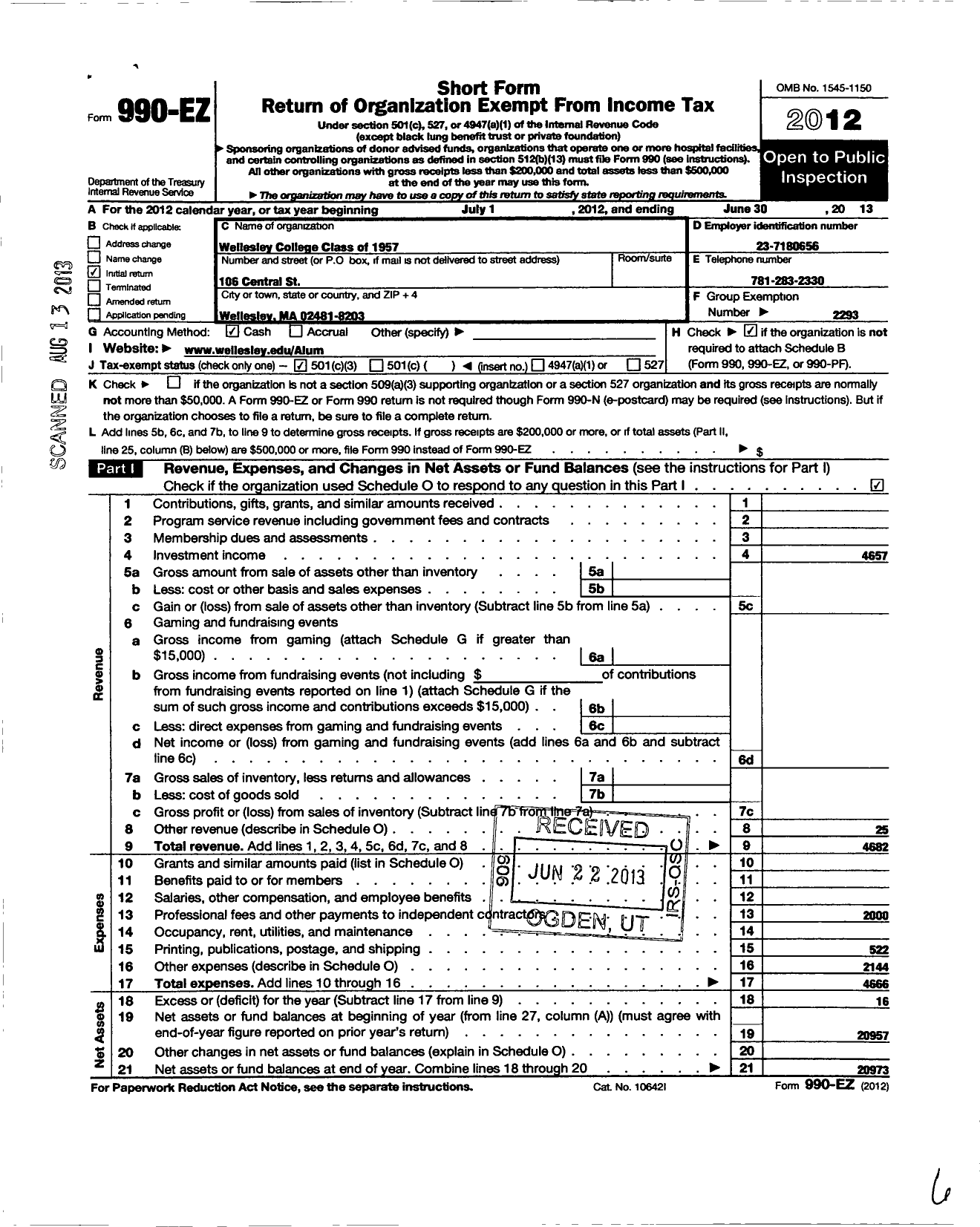 Image of first page of 2012 Form 990EZ for Wellesley College Alumnae Association - 1957 Class