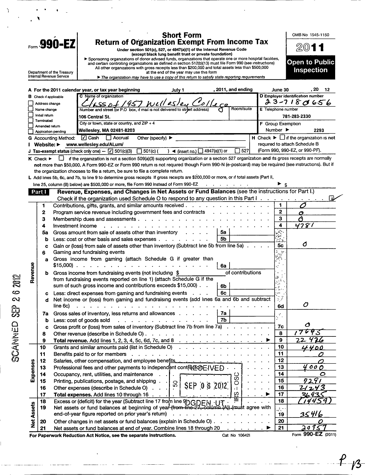 Image of first page of 2011 Form 990EZ for Wellesley College Alumnae Association - 1957 Class