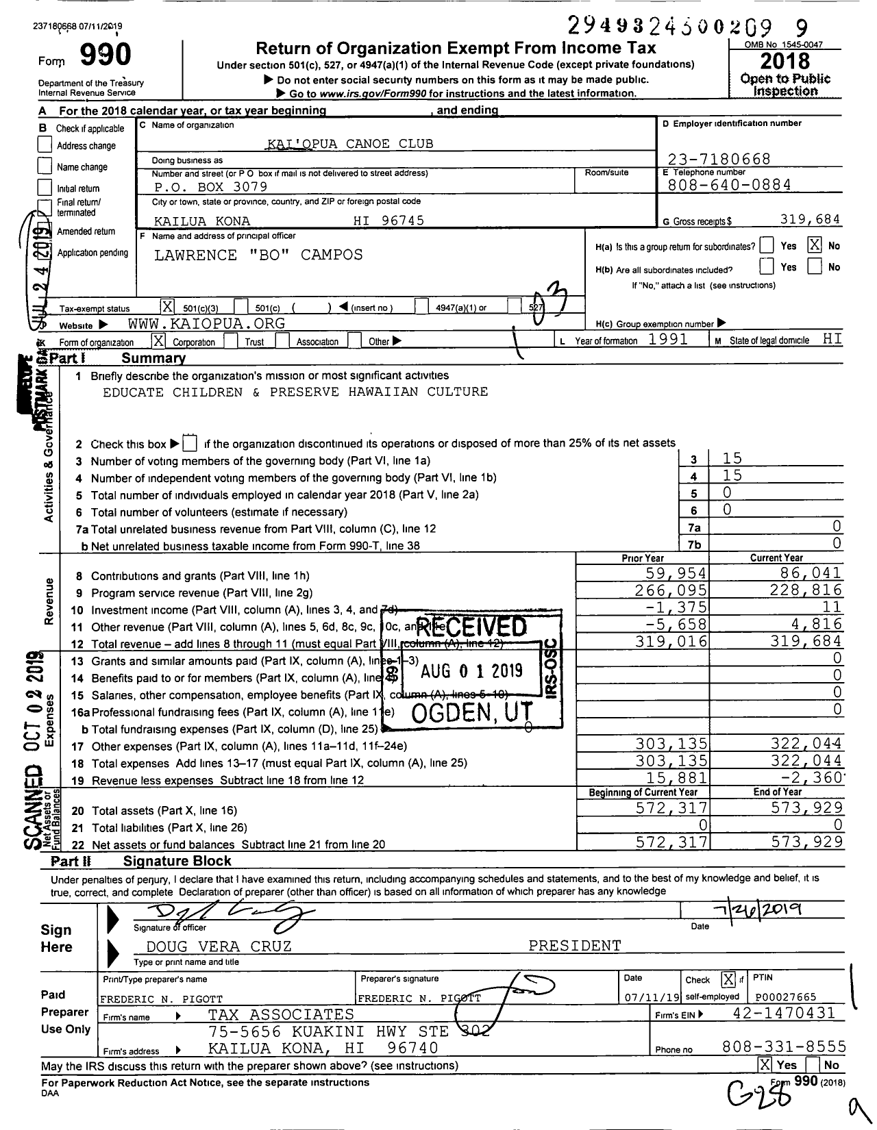 Image of first page of 2018 Form 990 for Kaiopua Canoe Club