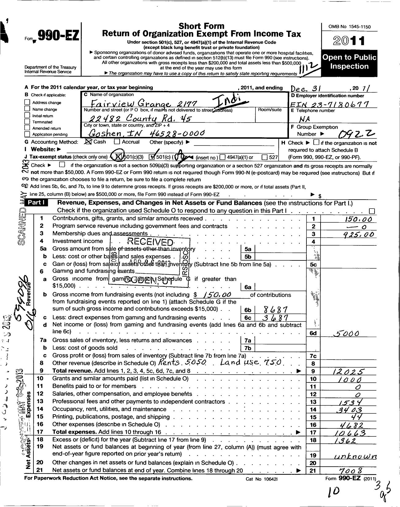 Image of first page of 2011 Form 990EO for Indiana State Grange-Patrons of Husbandry - 2177 Fairview Grange