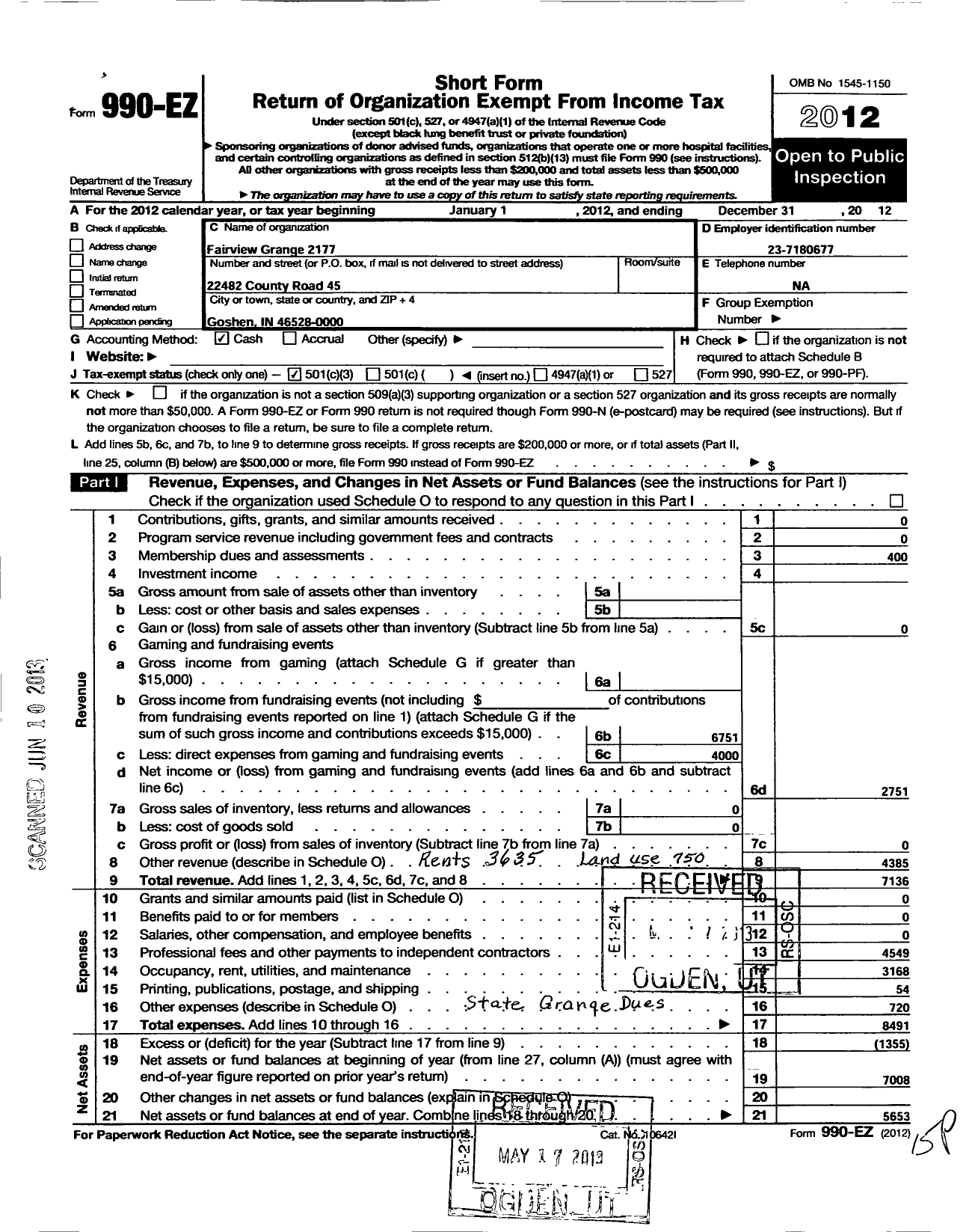 Image of first page of 2012 Form 990EZ for Indiana State Grange-Patrons of Husbandry - 2177 Fairview Grange