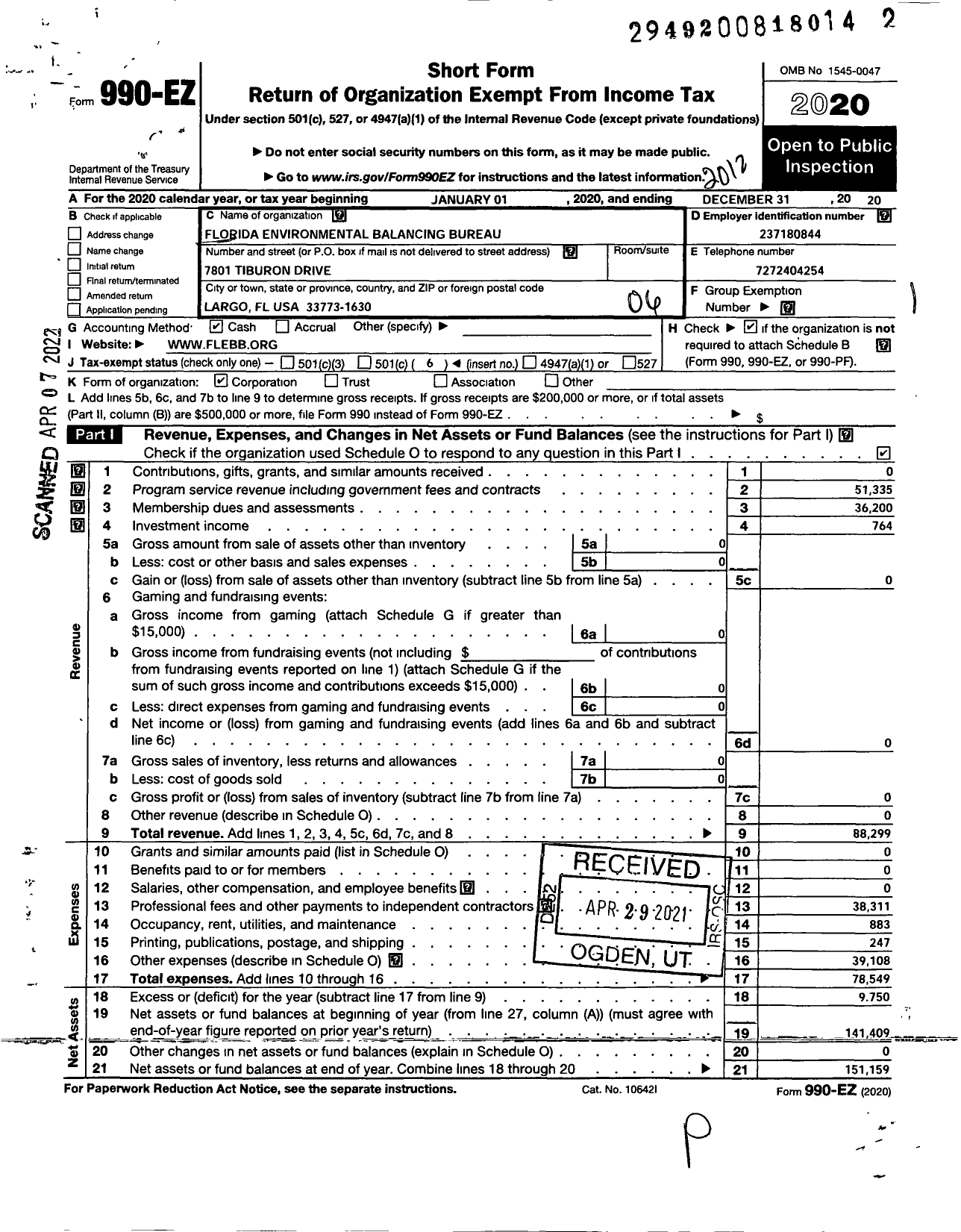 Image of first page of 2020 Form 990EO for National Environmental Balancing - Florida Ebb