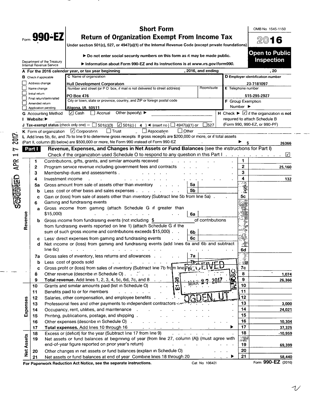 Image of first page of 2016 Form 990EO for Hull Development Corporation