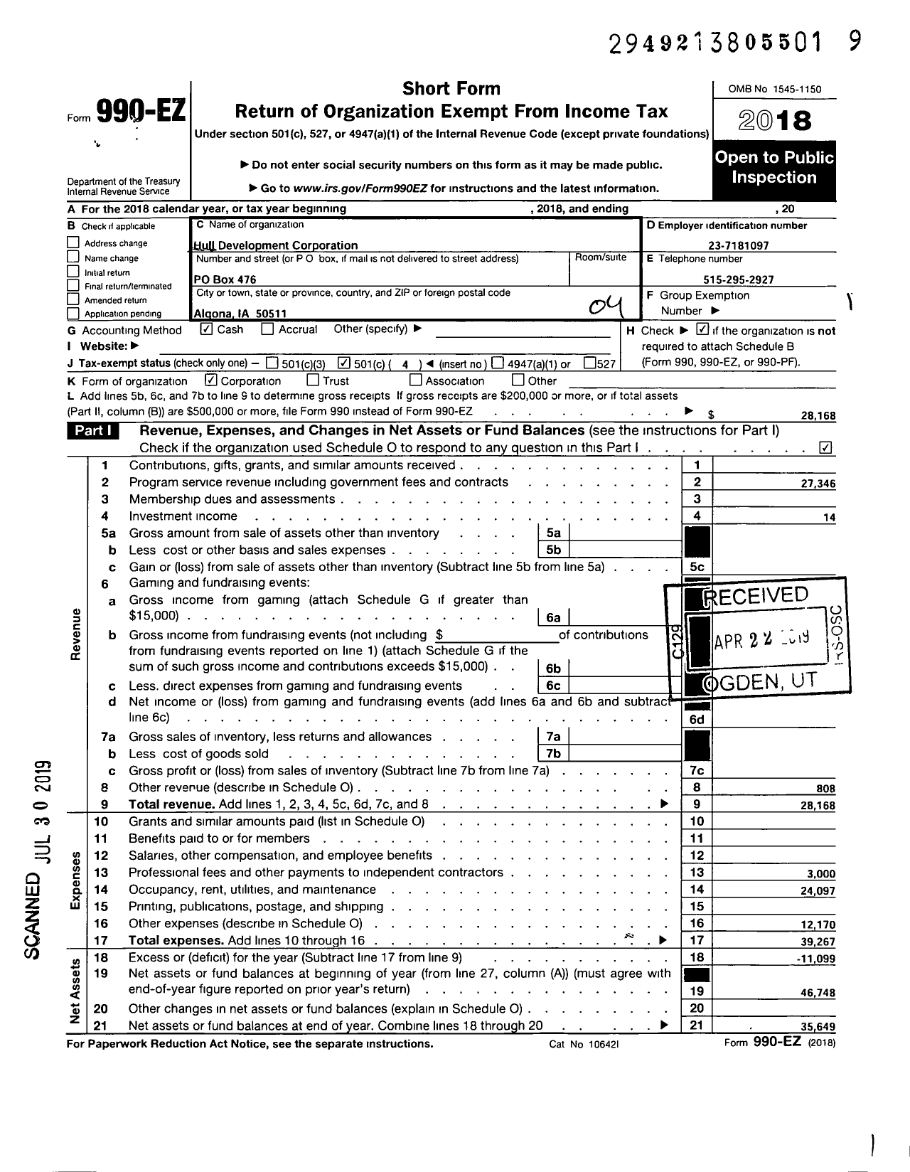 Image of first page of 2018 Form 990EO for Hull Development Corporation