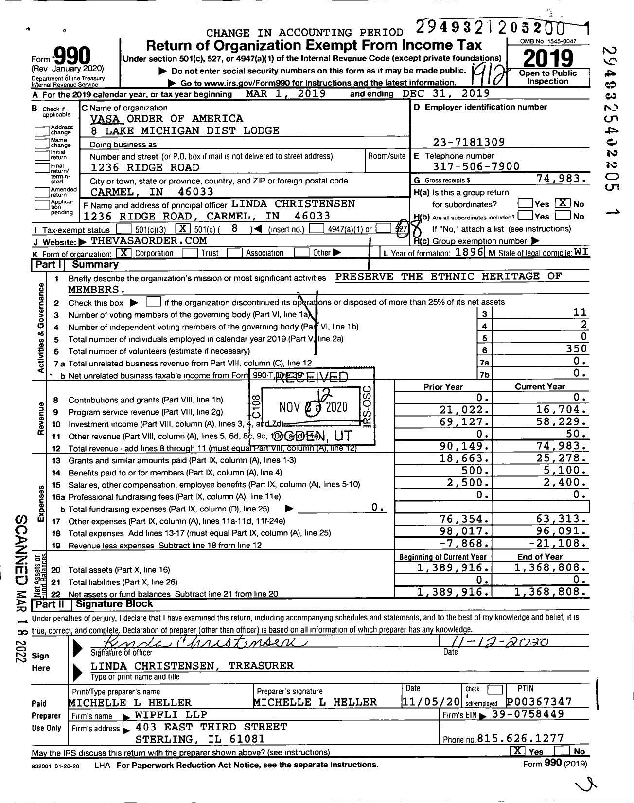 Image of first page of 2019 Form 990O for Vasa Order of America - 8 Lake Michigan Dist Lodge