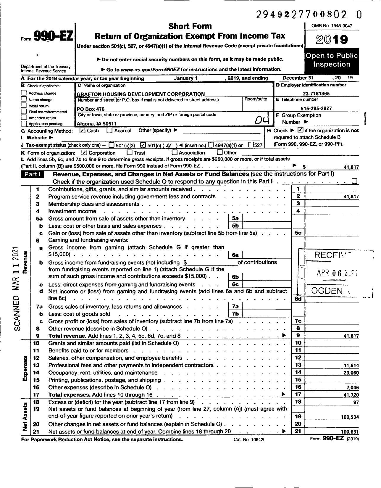 Image of first page of 2019 Form 990EO for Grafton Housing Development