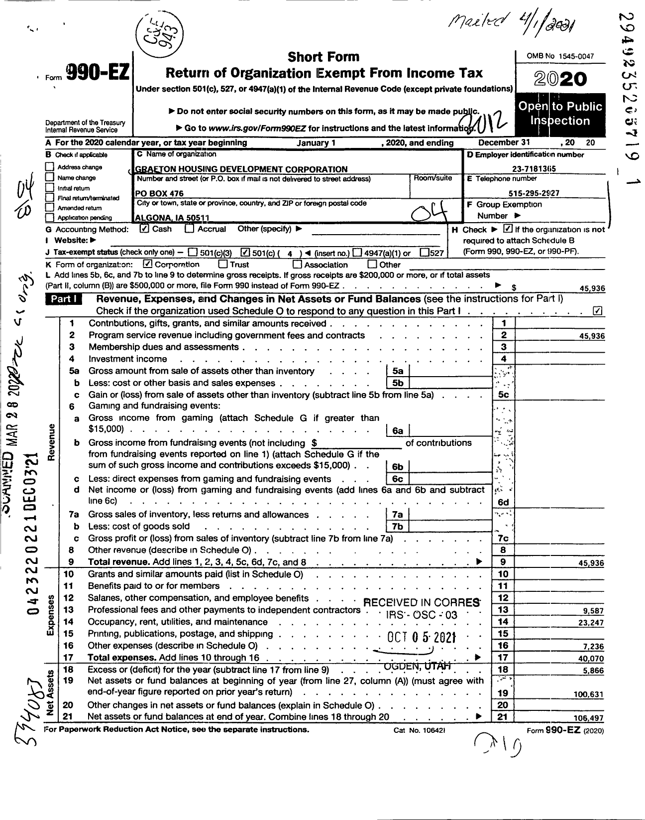 Image of first page of 2020 Form 990EO for Grafton Housing Development