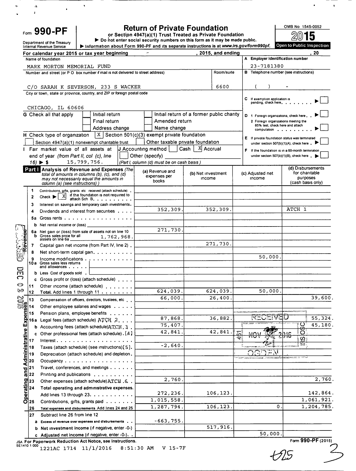 Image of first page of 2015 Form 990PF for Mark Morton Memorial Fund