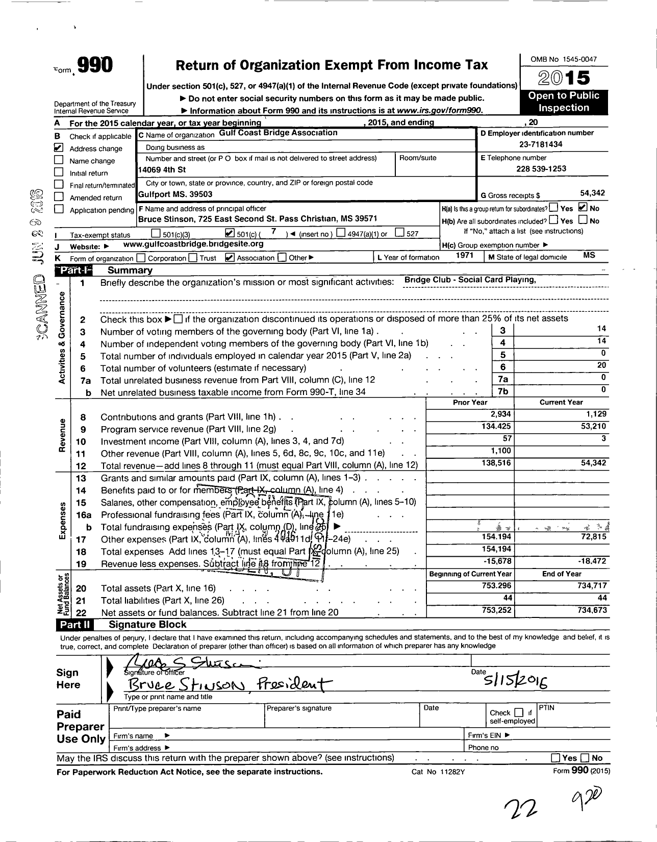 Image of first page of 2015 Form 990O for Gulf Coast Bridge Association