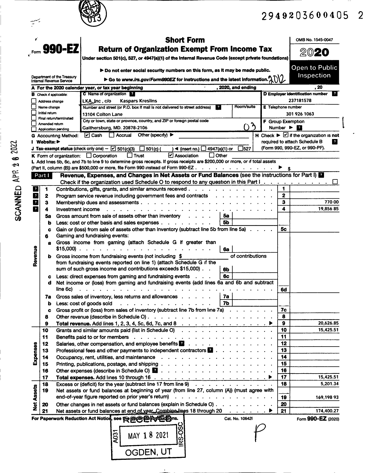 Image of first page of 2020 Form 990EZ for Lka