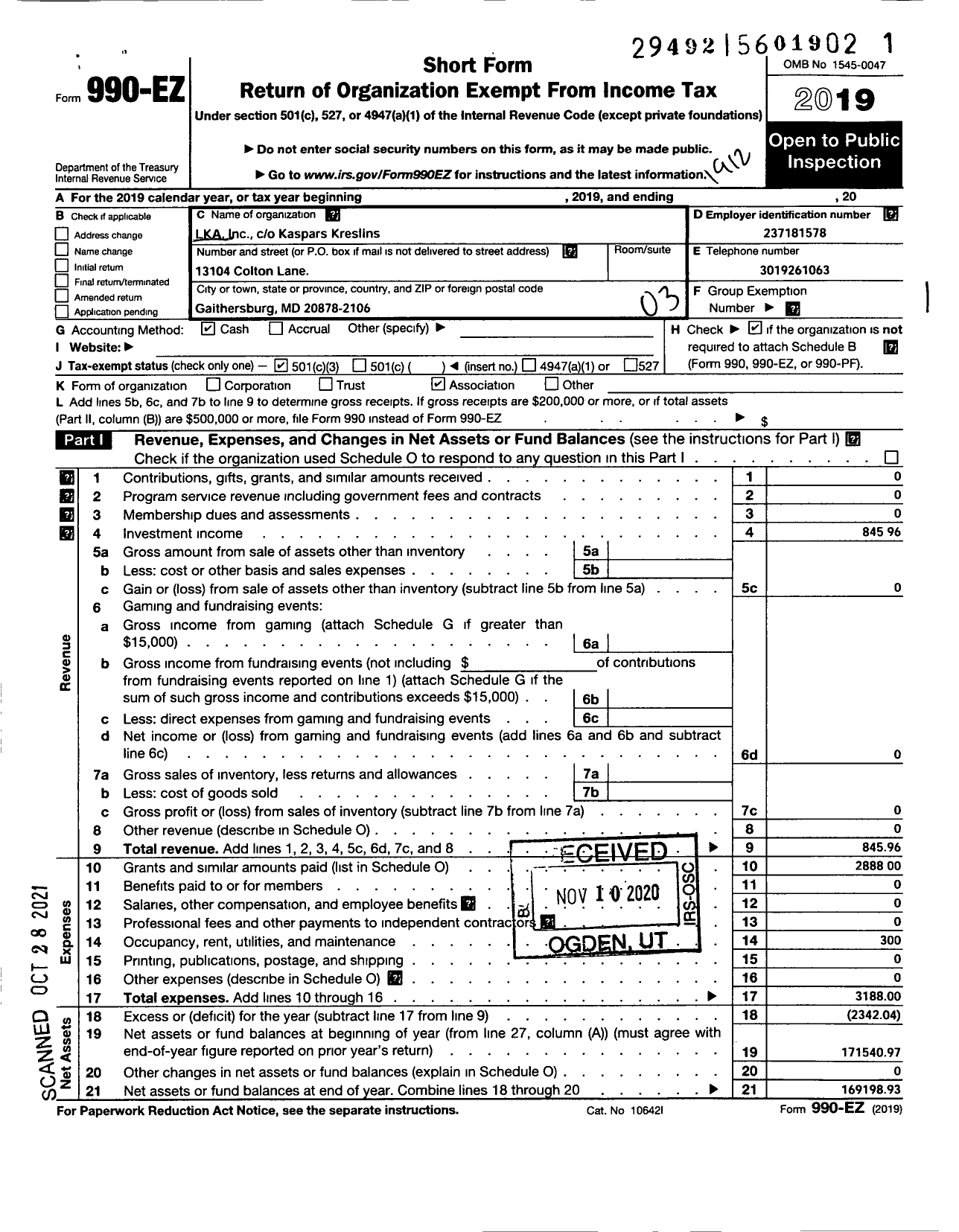 Image of first page of 2019 Form 990EZ for Lka