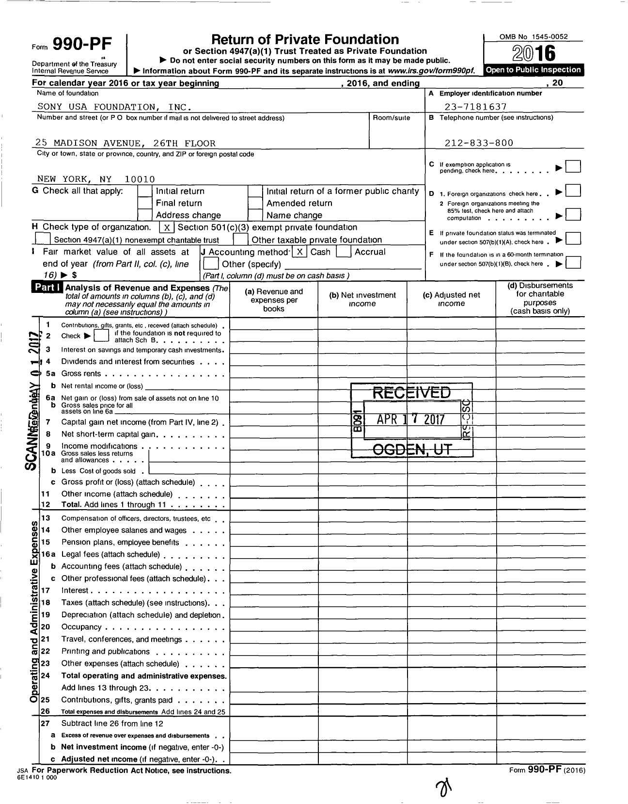 Image of first page of 2016 Form 990PF for Sony USA Foundation