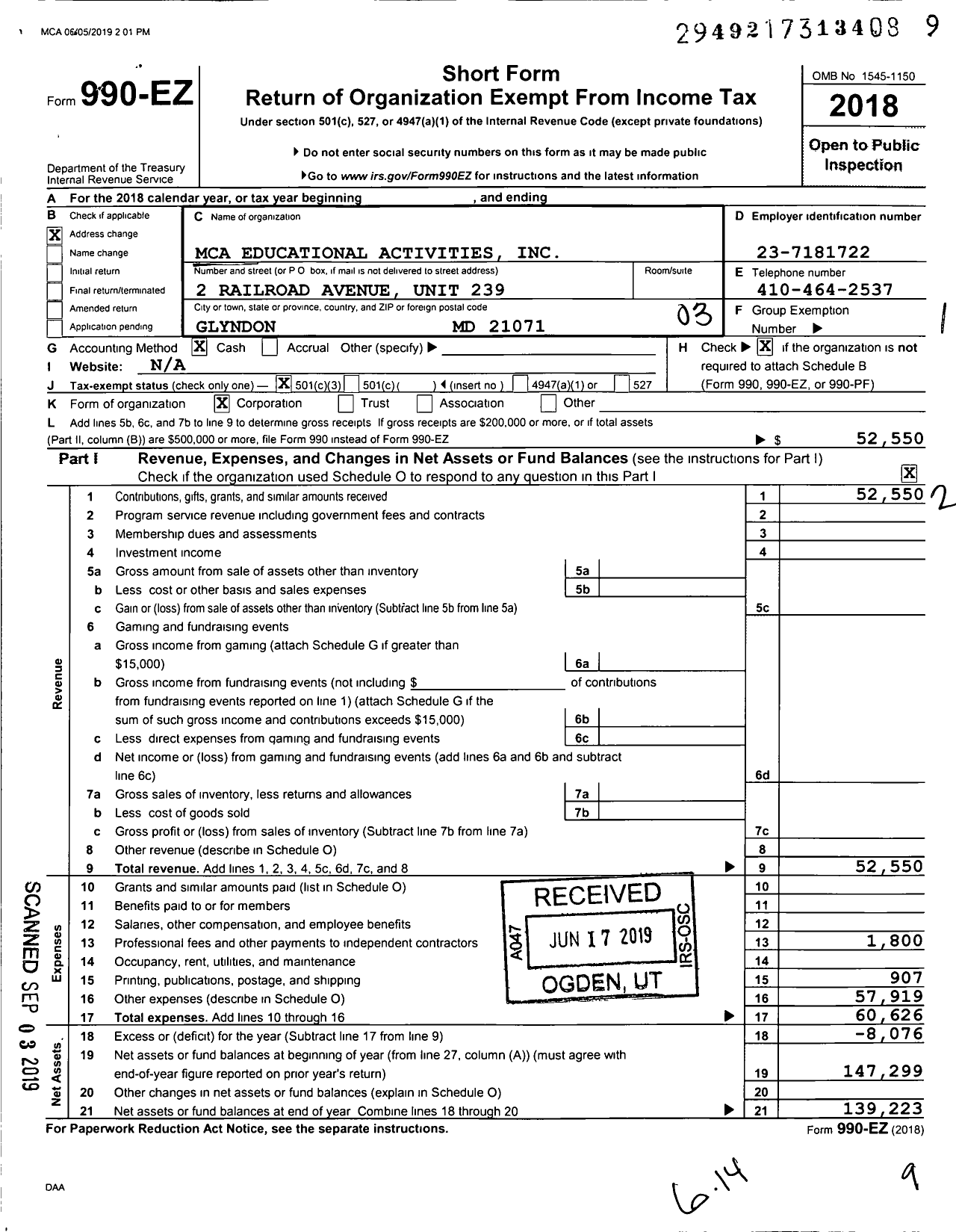 Image of first page of 2018 Form 990EZ for Mca Educational Activities