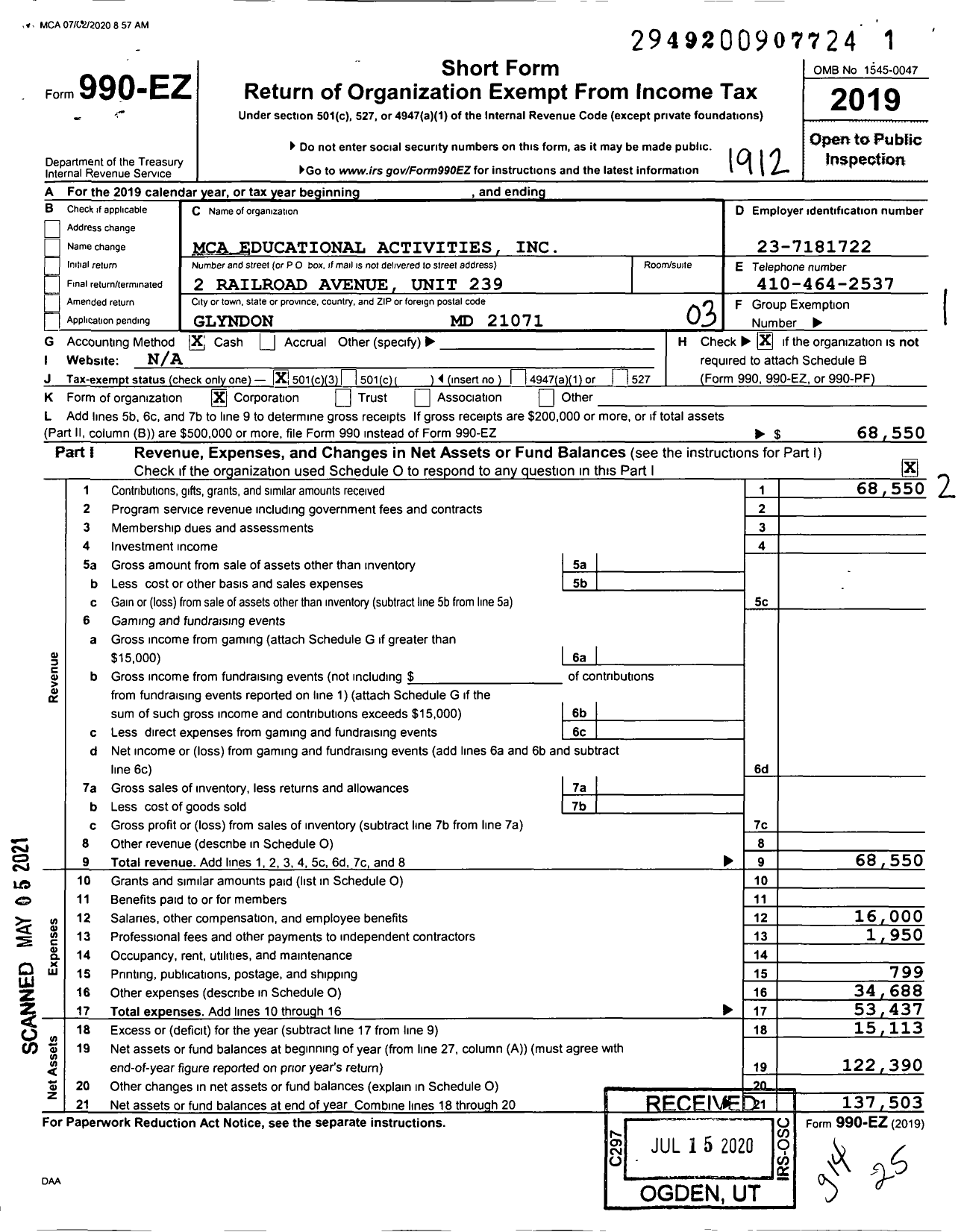 Image of first page of 2019 Form 990EZ for Mca Educational Activities