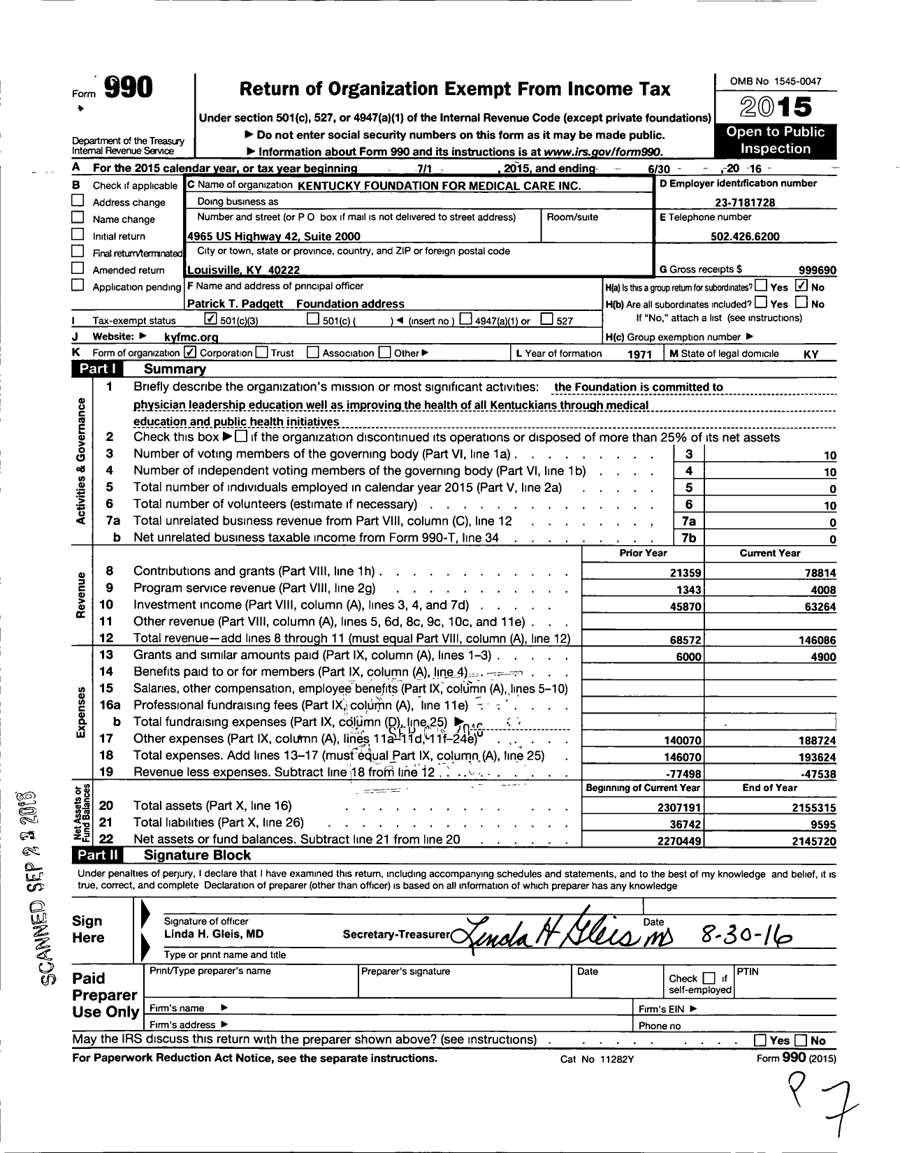 Image of first page of 2015 Form 990 for Kentucky Foundation for Medical Care