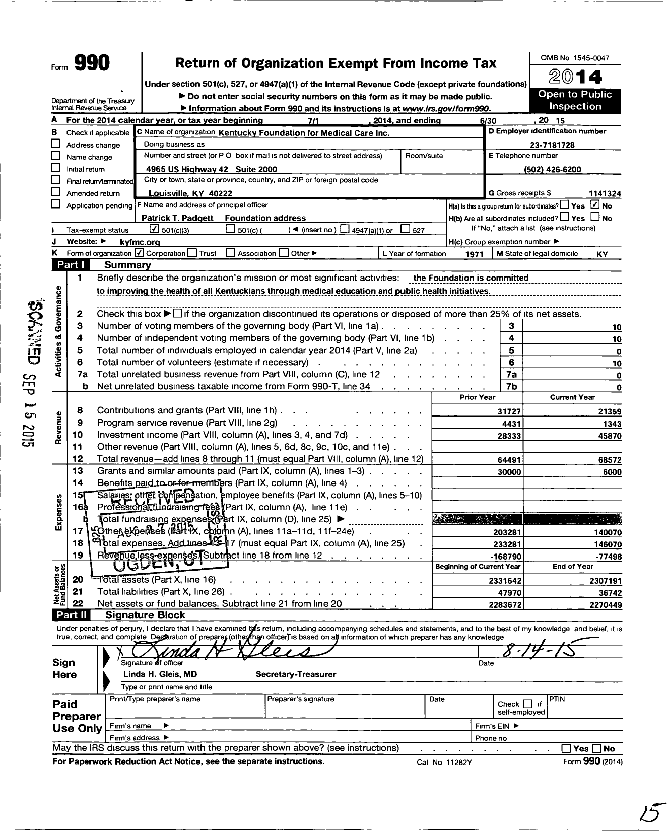 Image of first page of 2014 Form 990 for Kentucky Foundation for Medical Care