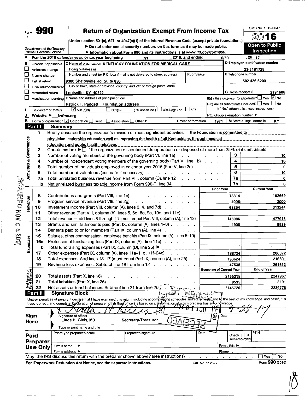 Image of first page of 2016 Form 990 for Kentucky Foundation for Medical Care