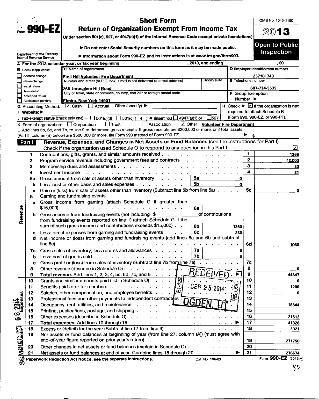 Image of first page of 2013 Form 990EO for East Hill Volunteer Fire Department