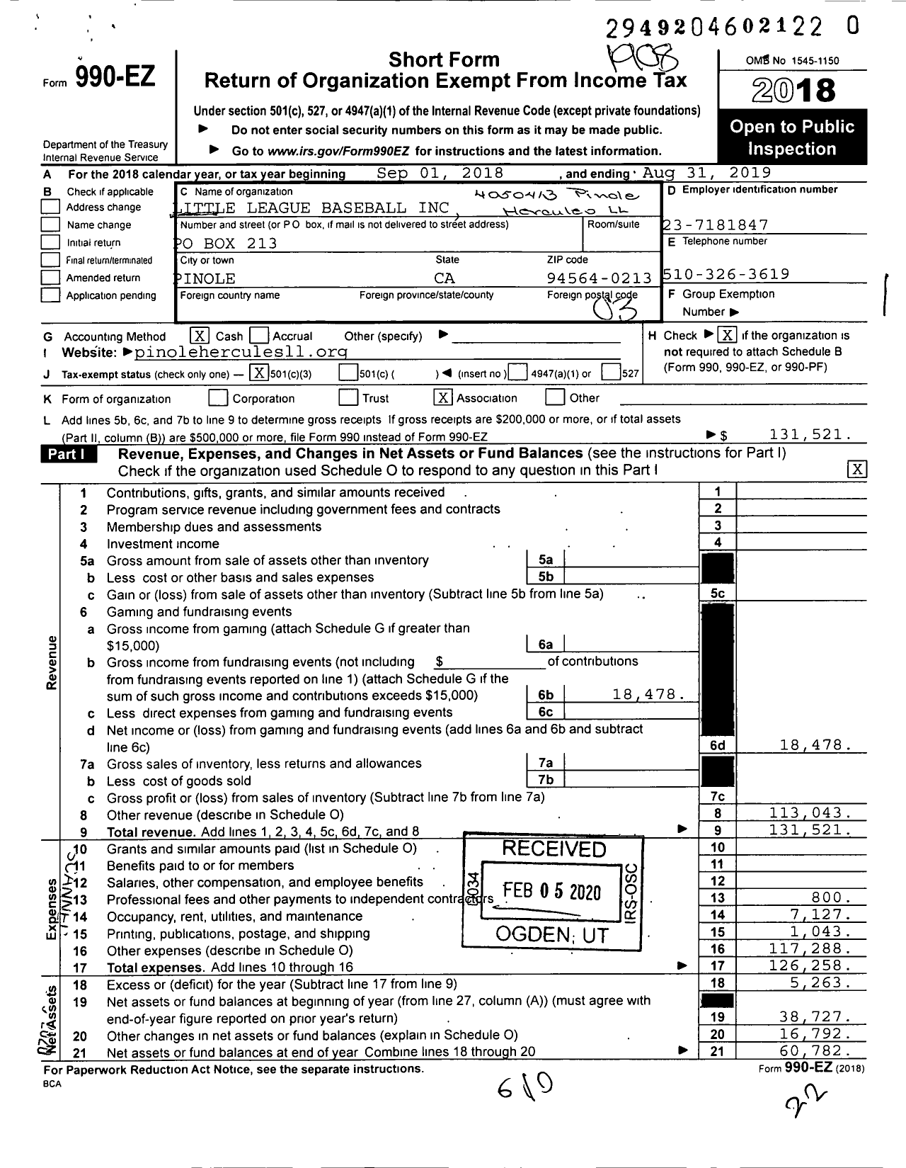 Image of first page of 2018 Form 990EZ for Little League Baseball