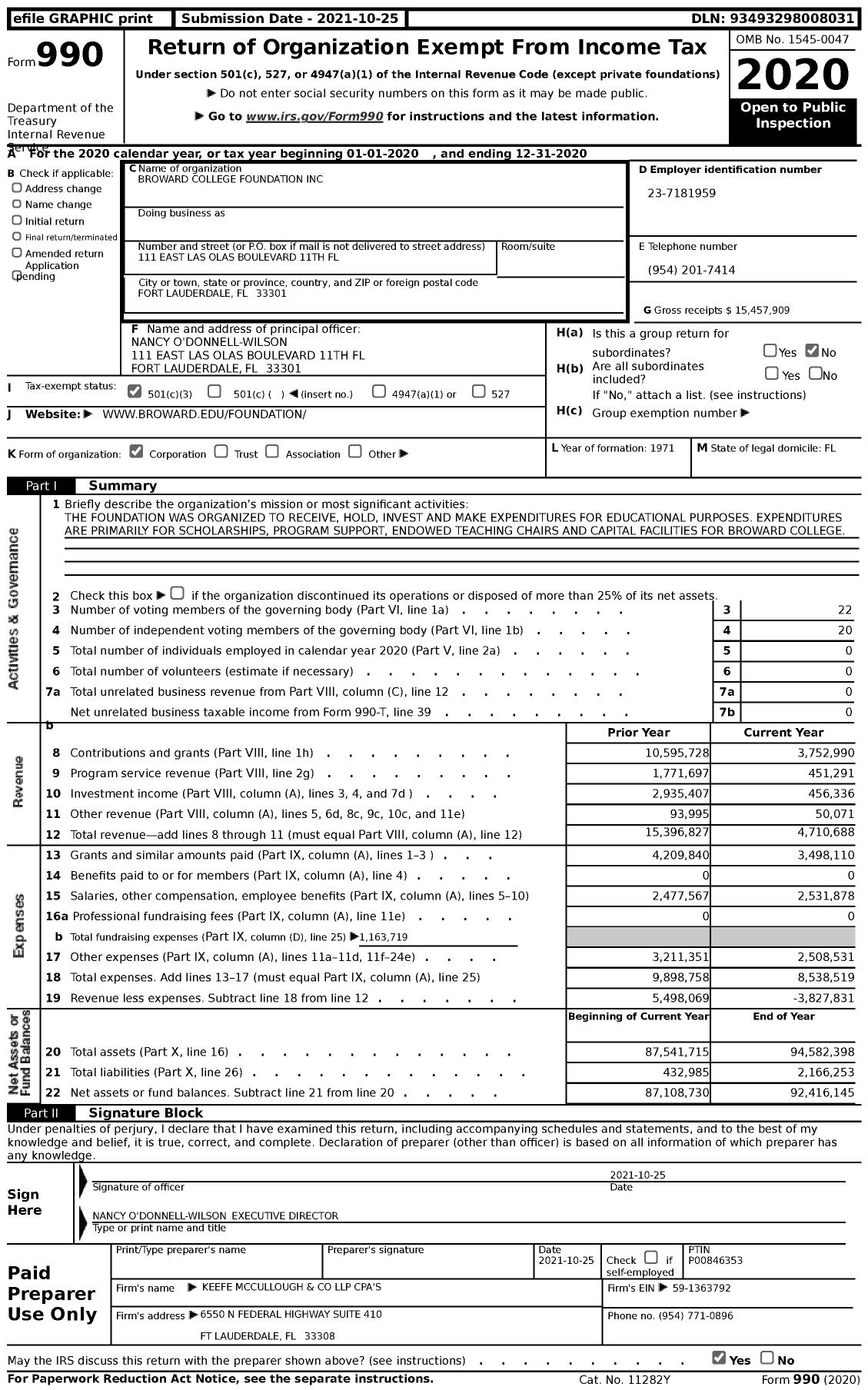 Image of first page of 2020 Form 990 for Broward College Foundation