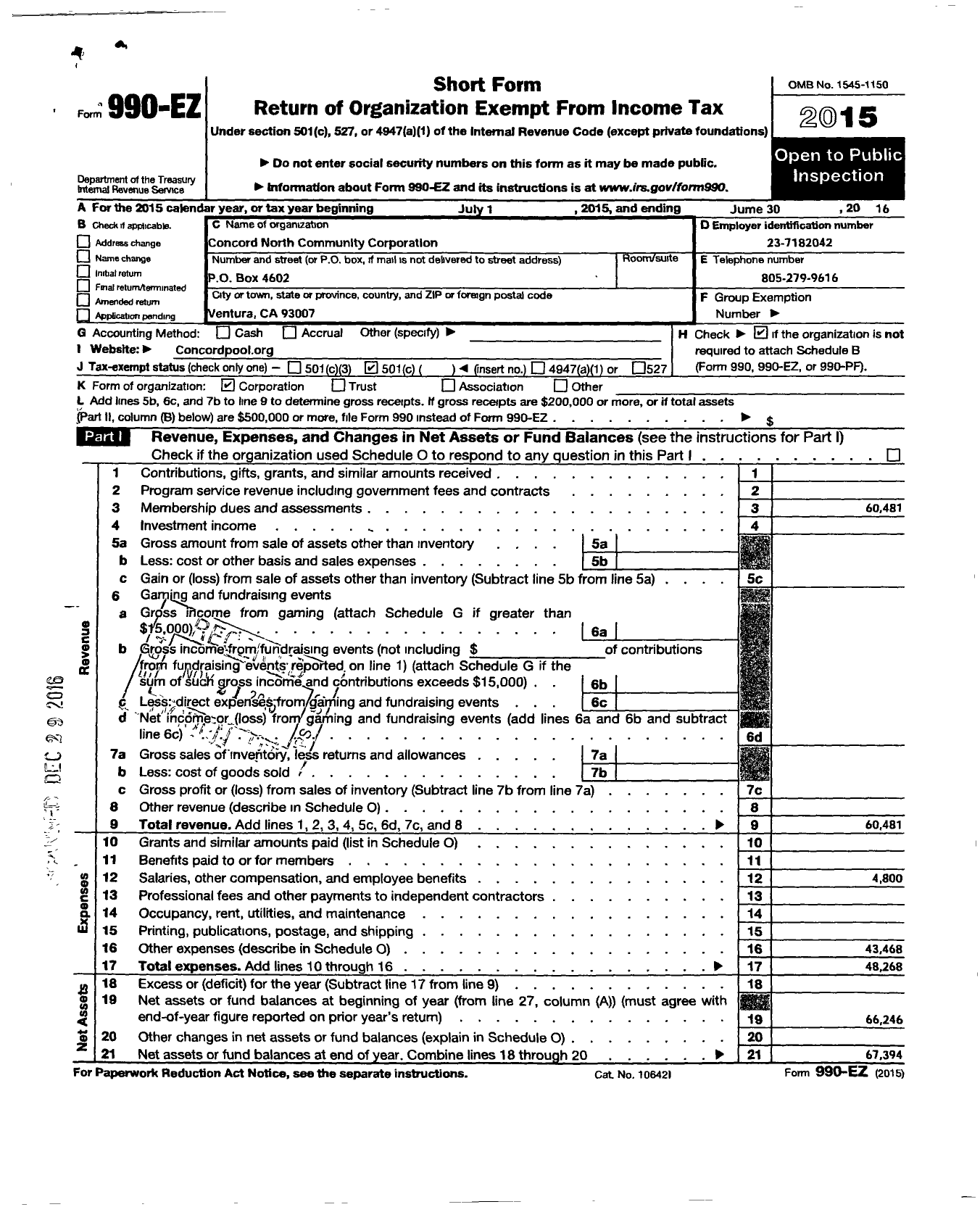 Image of first page of 2015 Form 990EO for Concord North Community Corporation