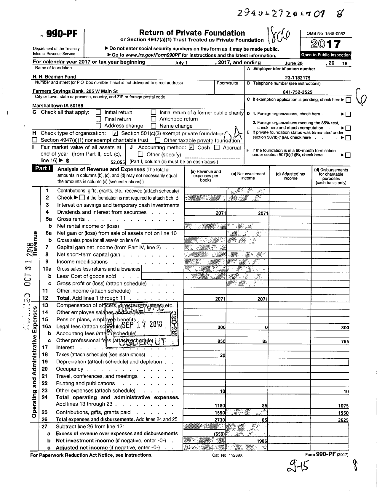 Image of first page of 2017 Form 990PF for H H Beaman Fund