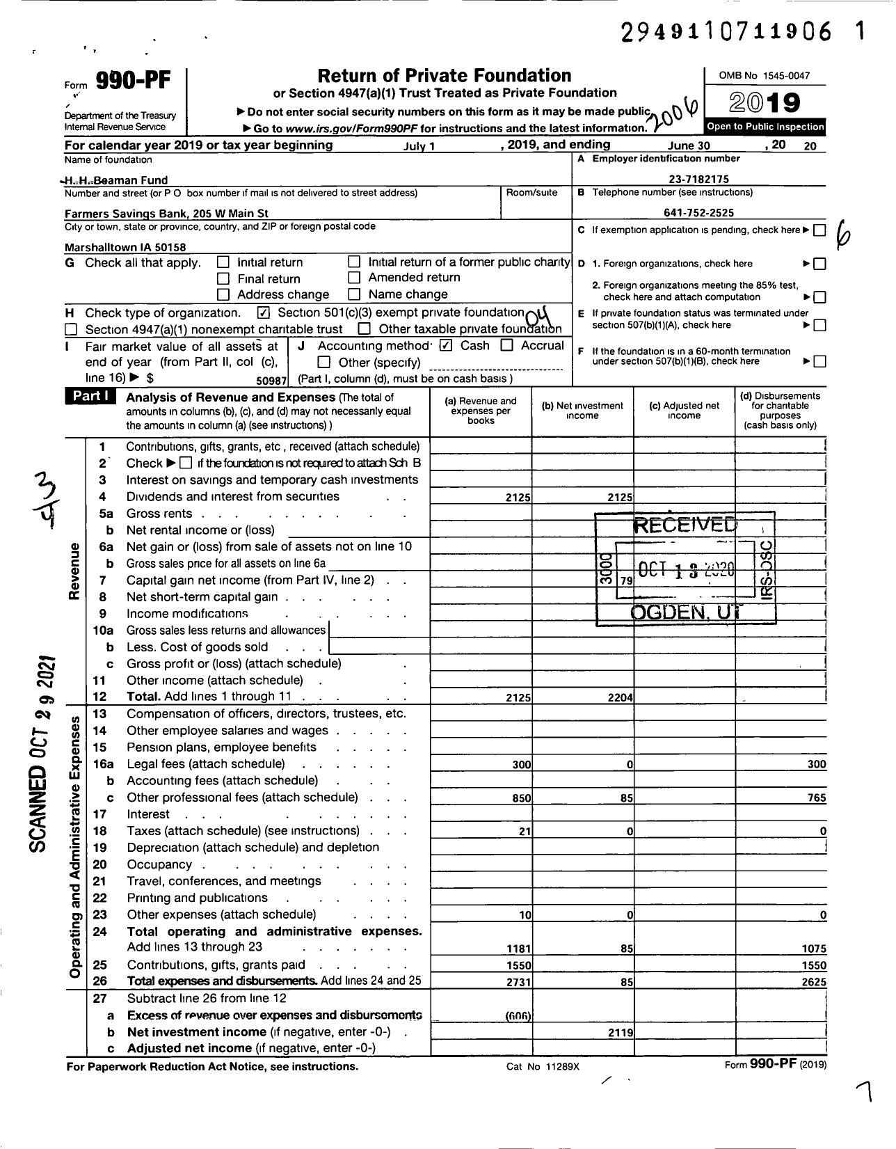 Image of first page of 2019 Form 990PF for H H Beaman Fund