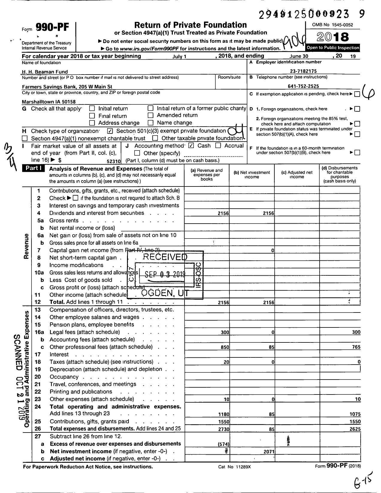 Image of first page of 2018 Form 990PF for H H Beaman Fund