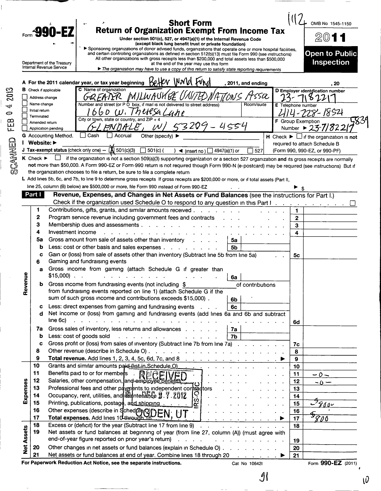 Image of first page of 2011 Form 990EZ for Better World Fund / Una of the USA Greater Milwaukee CH