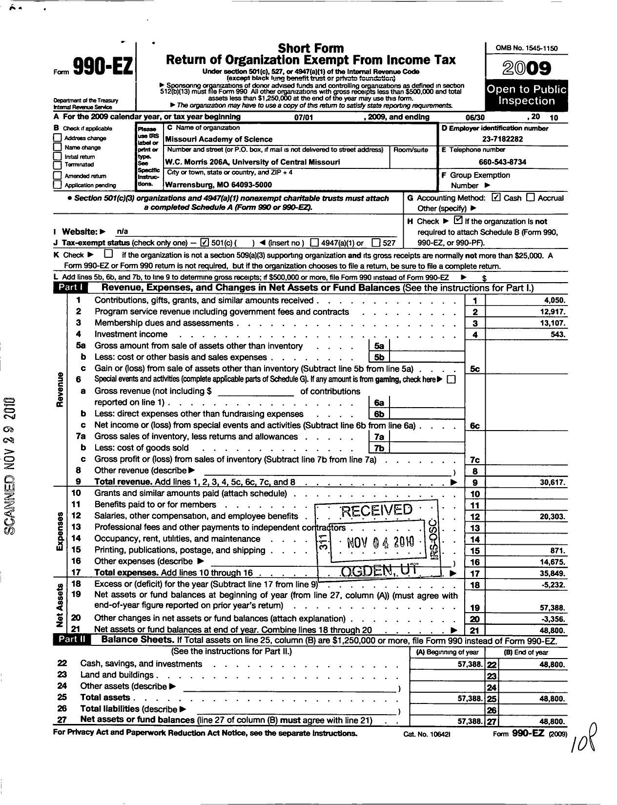 Image of first page of 2009 Form 990EO for Missouri Academy of Science