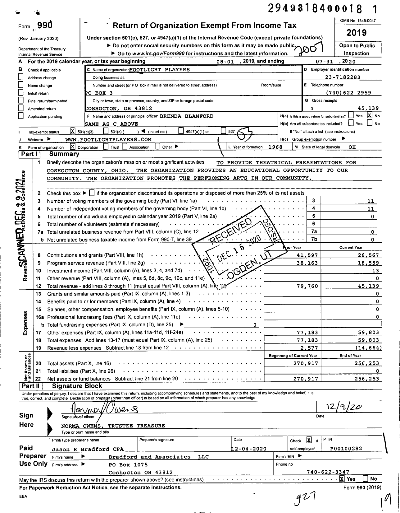 Image of first page of 2019 Form 990 for Footlight Players