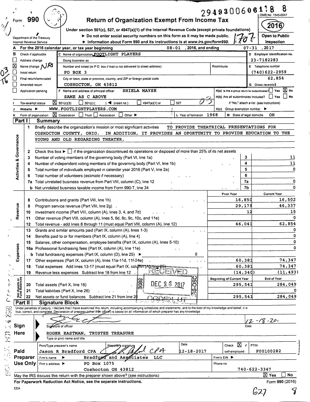 Image of first page of 2016 Form 990 for Footlight Players