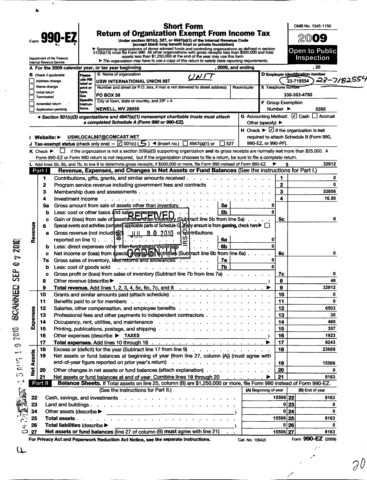 Image of first page of 2009 Form 990EO for United Steelworkers - 00887 Local