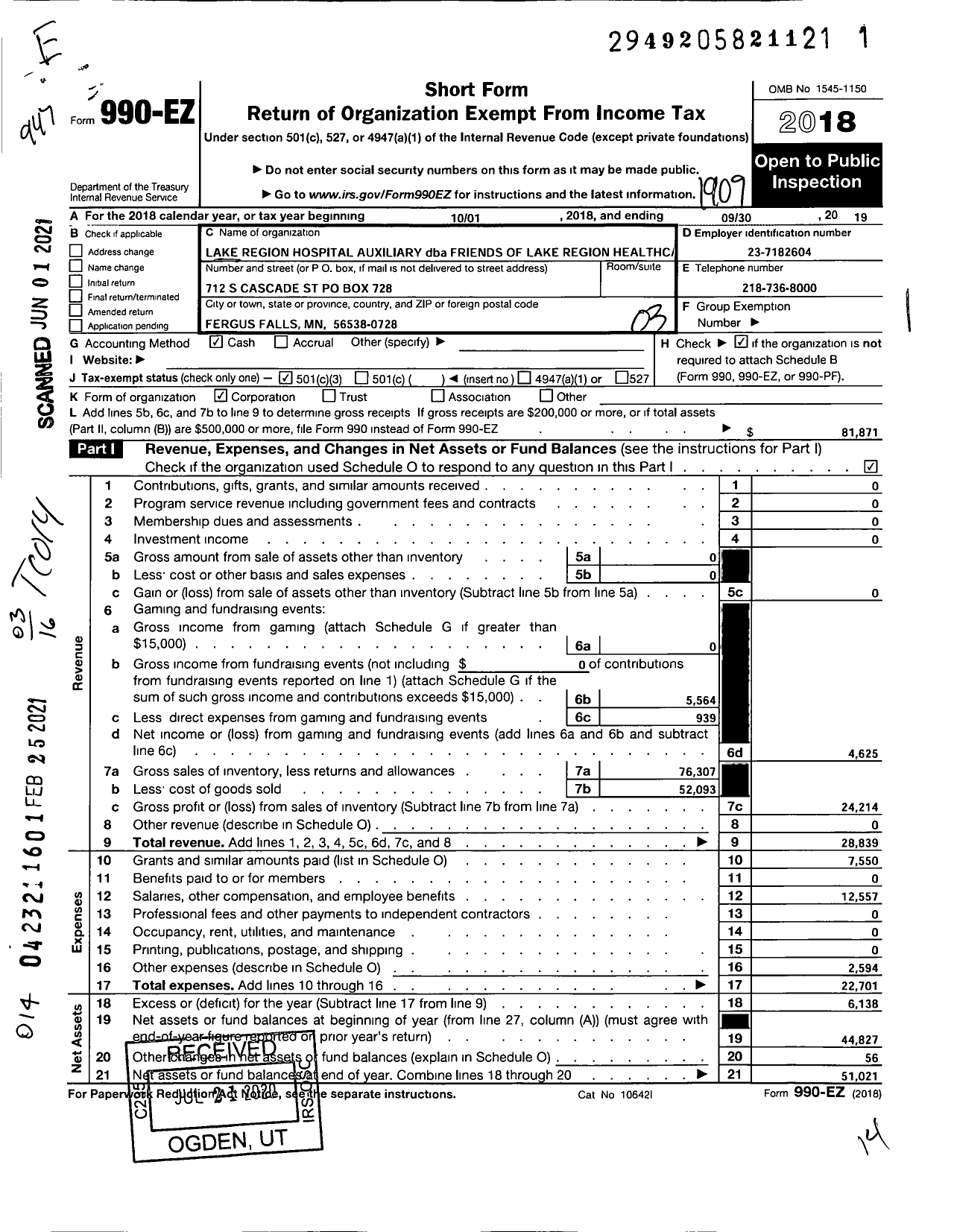 Image of first page of 2018 Form 990EZ for Lake Region Hospital Auxiliary