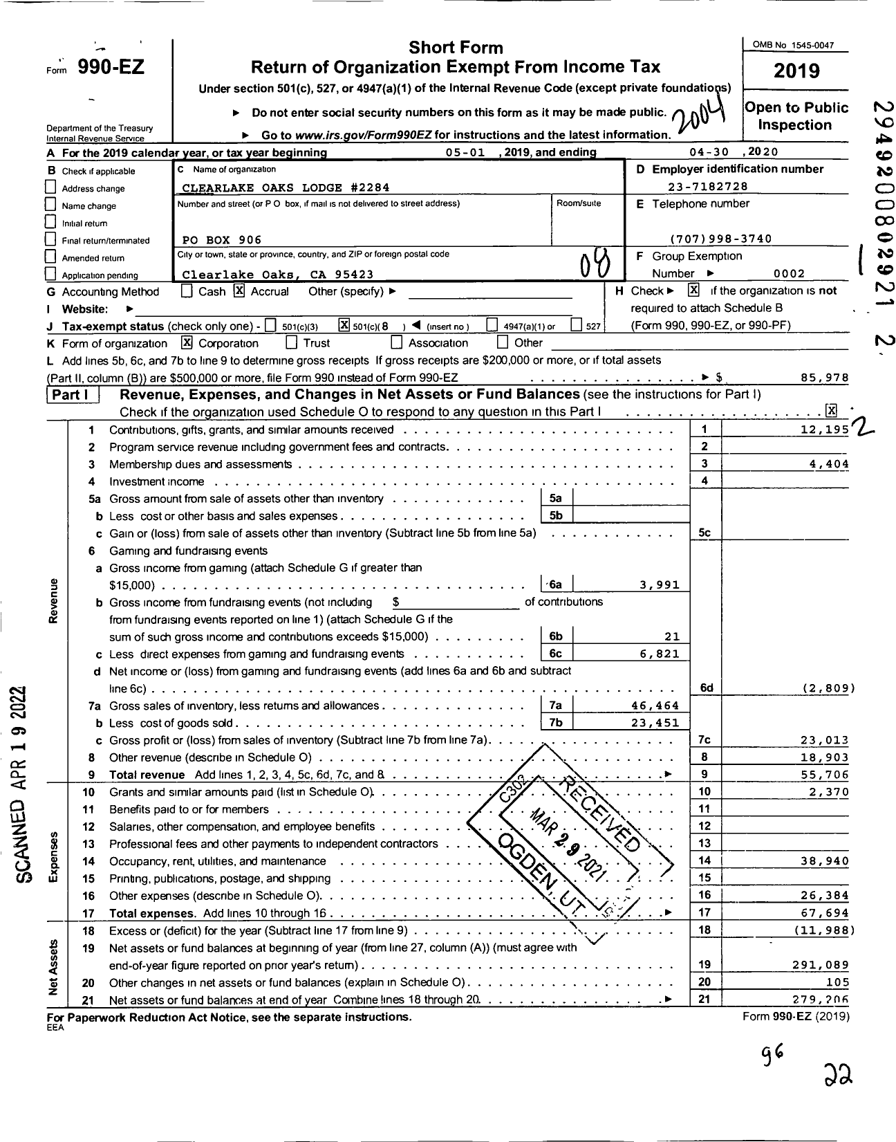 Image of first page of 2019 Form 990EO for Loyal Order of Moose - Clearlake Oaks Lodge #2284