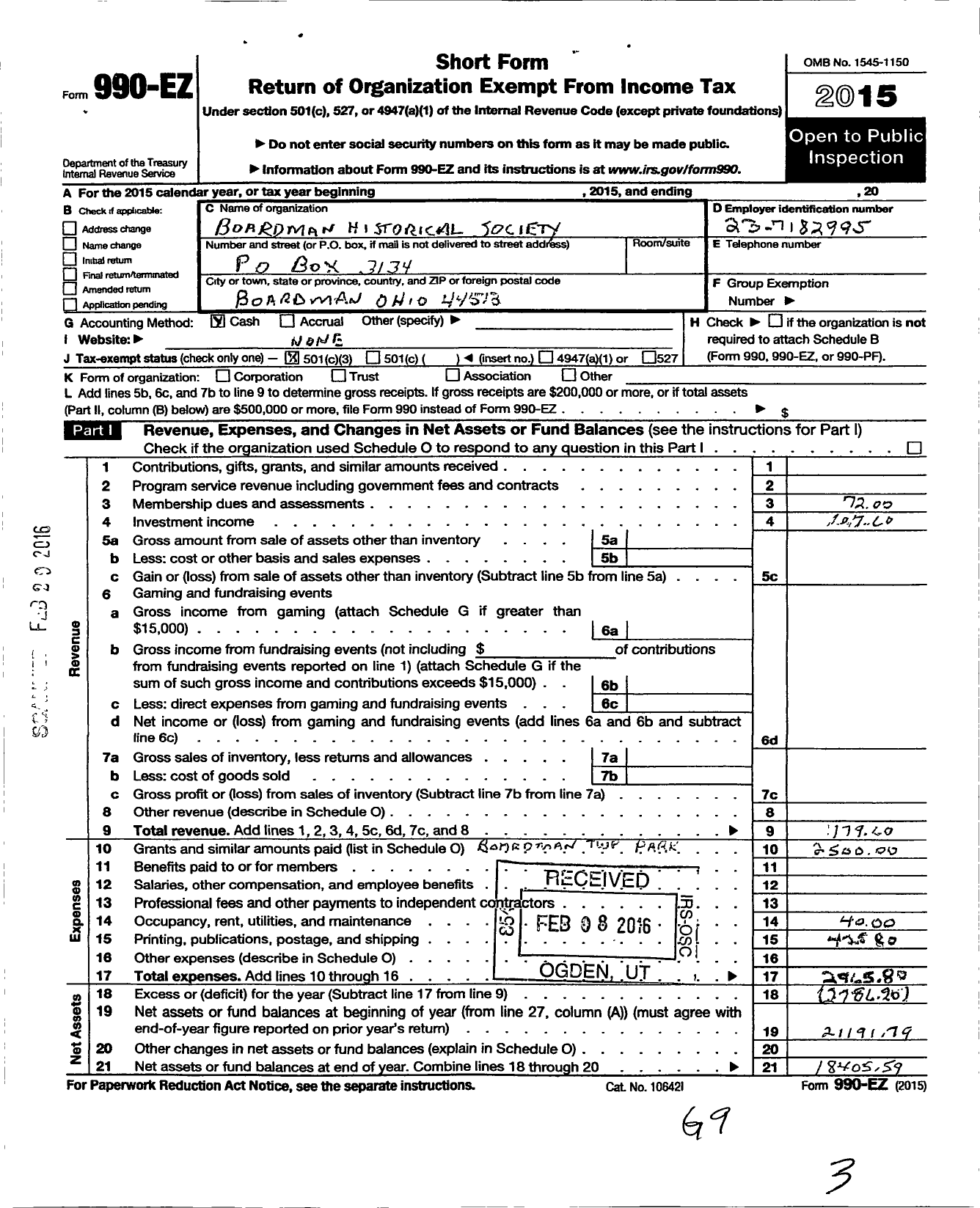 Image of first page of 2015 Form 990EZ for Boardman Historical Society