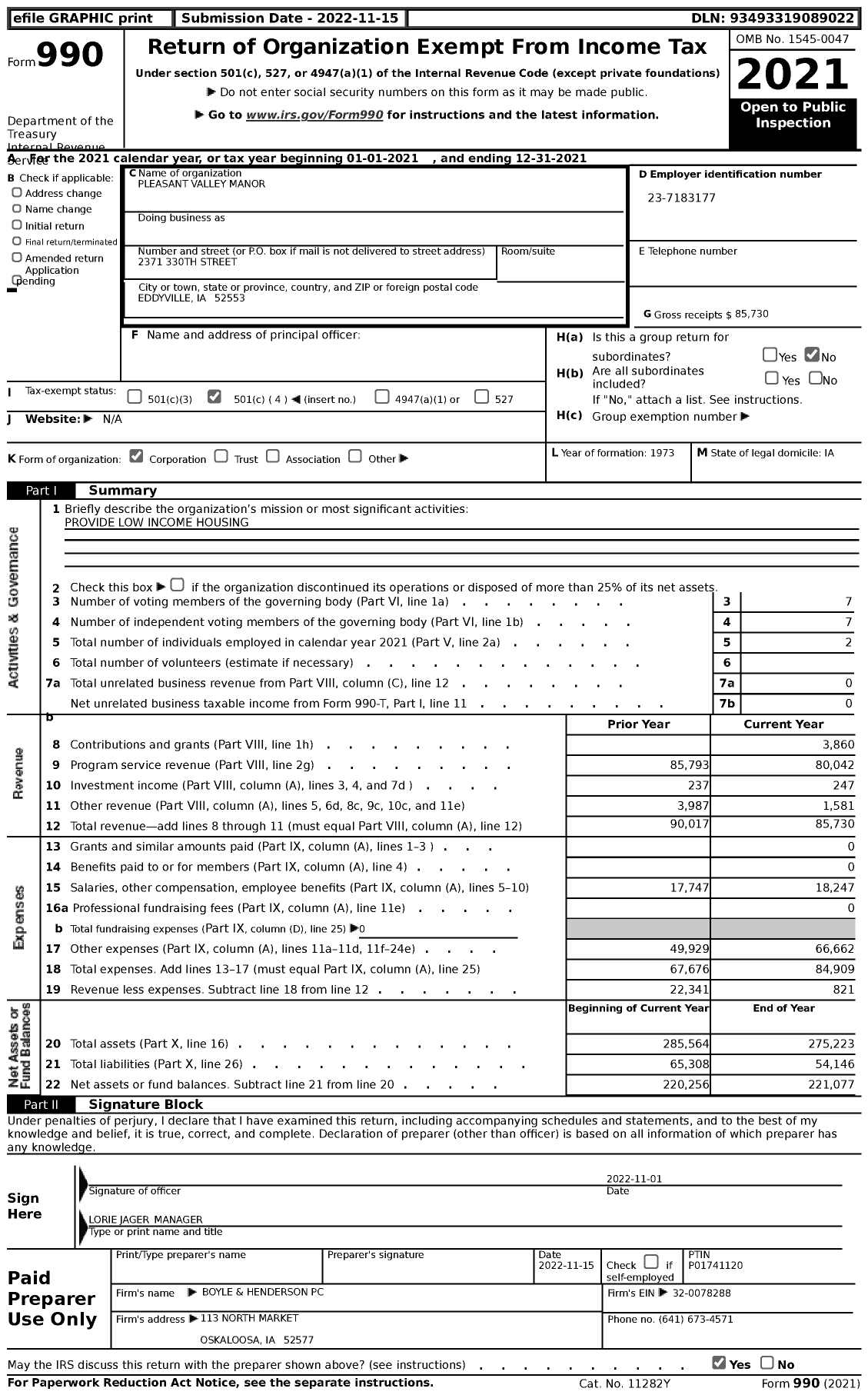 Image of first page of 2021 Form 990 for Pleasant Valley Manor