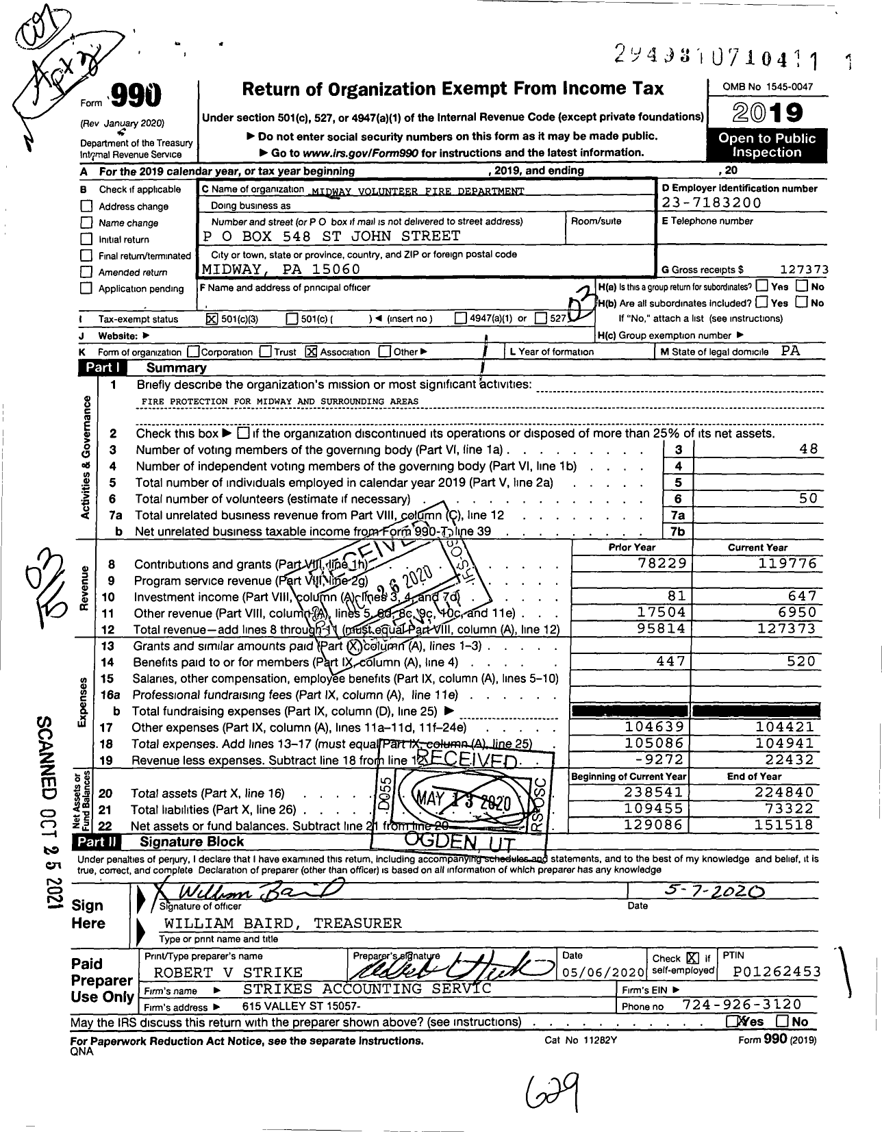 Image of first page of 2019 Form 990 for Midway Volunteer Fire Department