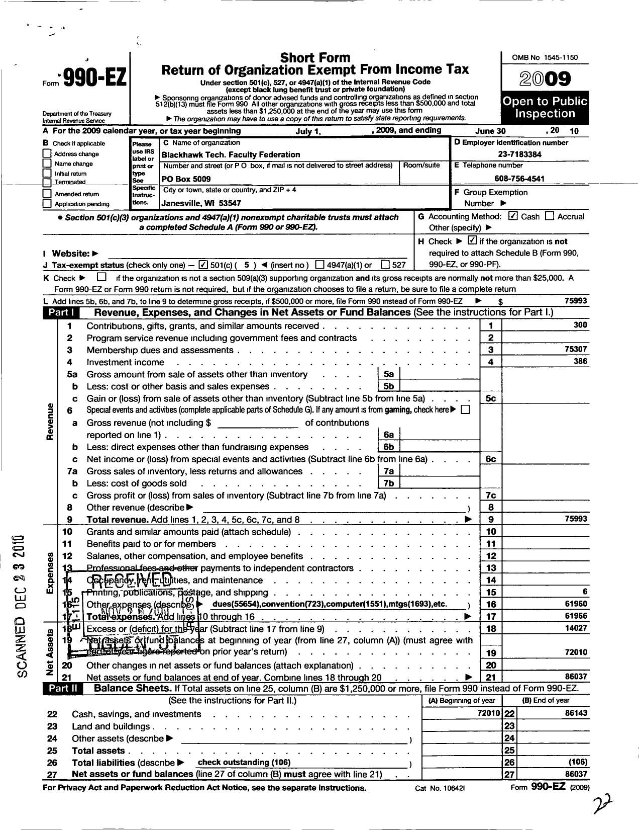 Image of first page of 2009 Form 990EO for American Federation of Teachers - 2308 Blackhawk Tech Faculty Aft