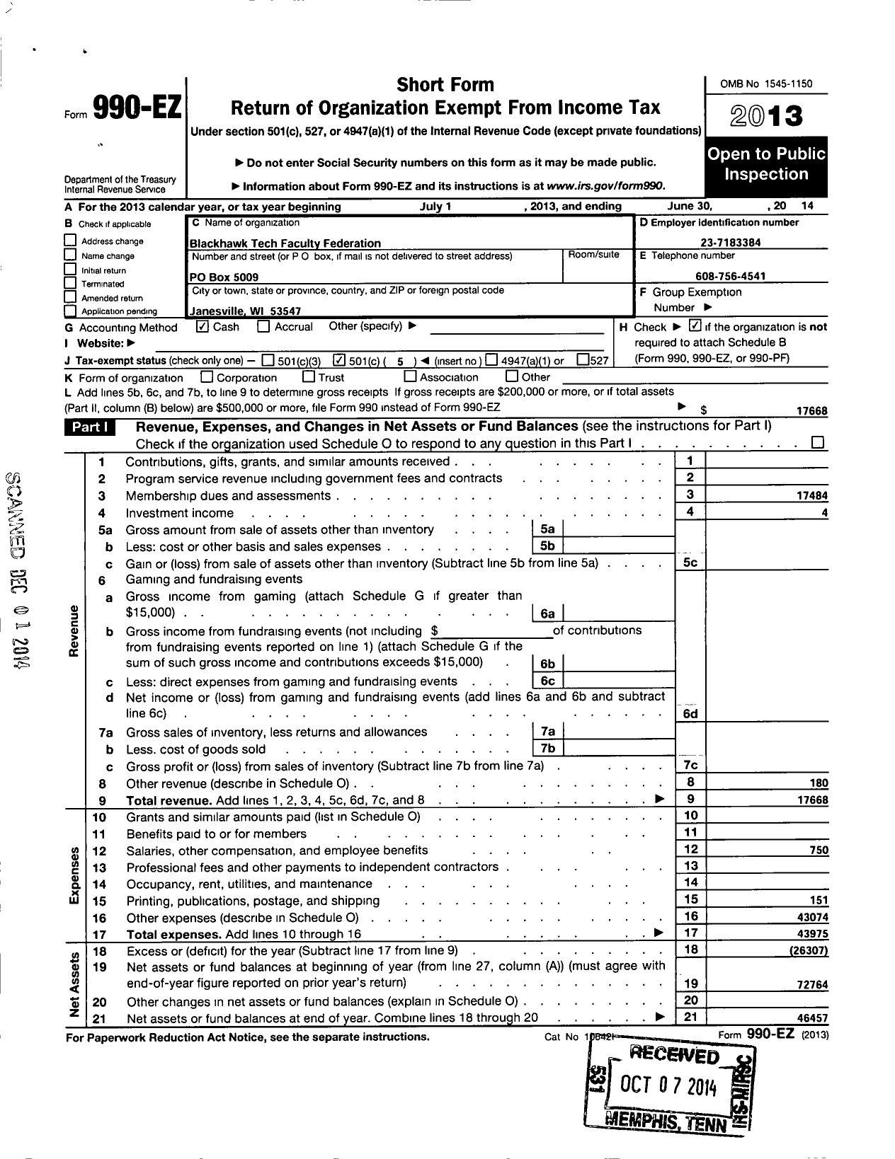 Image of first page of 2013 Form 990EO for American Federation of Teachers - 2308 Blackhawk Tech Faculty Aft