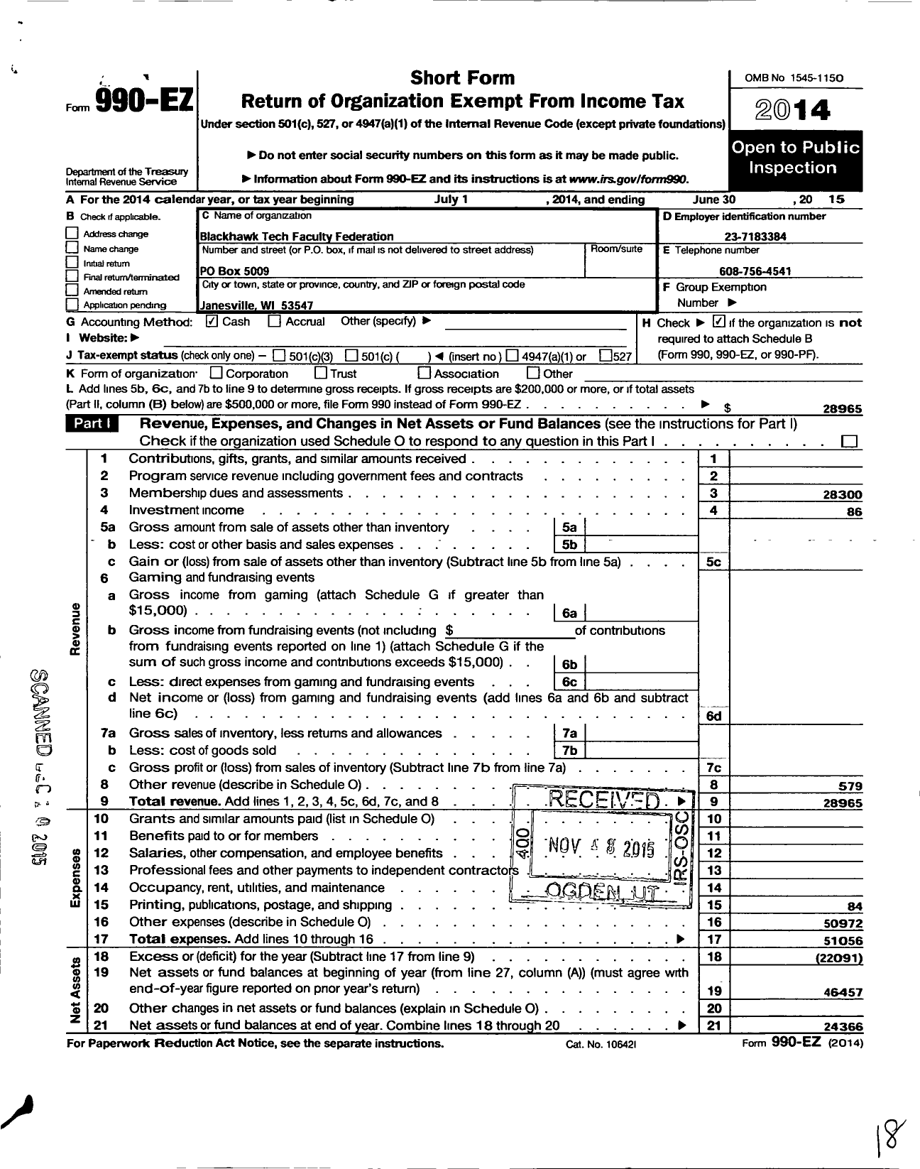 Image of first page of 2014 Form 990EO for American Federation of Teachers - 2308 Blackhawk Tech Faculty Aft